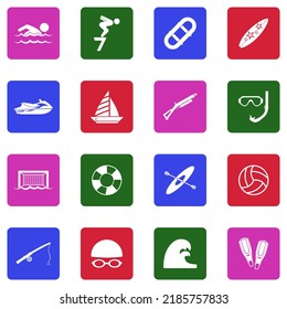 Water Sports Icons. White Flat Collection In Square. Vector Illustration.