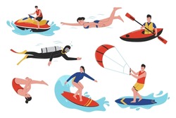 Water Sports Illustration Set Collection. Jetski, Diving, Swim, Kayak, Surfing. Sport Sea. Flat Design Illustration