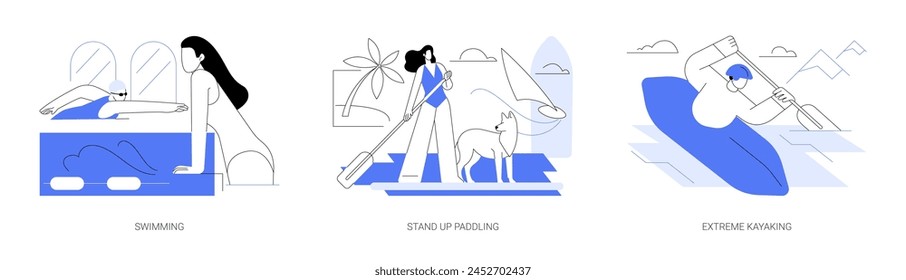 Conjunto de Ilustraciones vectoriales de dibujos animados aislados de deportes acuáticos. Chica deportiva nadando en la piscina, actividad de remo de pie, kayak extremo, estilo de vida activo, Ocio al aire libre Vector de dibujos animados.