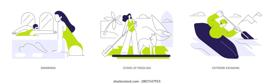 Water sports isolated cartoon vector illustrations set. Sporty girl swimming in the pool, stand up paddling activity, extreme kayaking, active lifestyle, recreation outdoors vector cartoon.