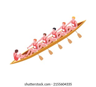 Water sports isometric composition with human characters of athletes rowing in single boat vector illustration