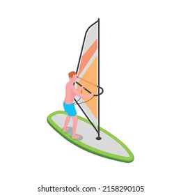 Water sports isometric composition with human character of athlete with aqua sport equipment vector illustration