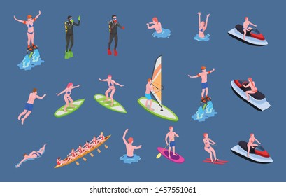 Water sports isometric icon set with water polo kayaking and canoeing rowing slalom sailing swimming diving windsurfing wakesurfing and surfing