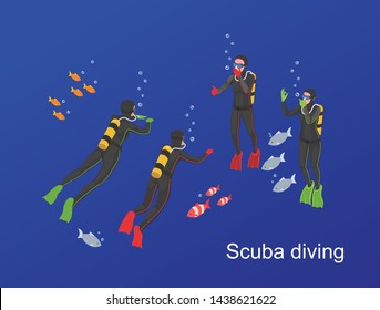 Water sports isometric with scuba diving and group of four people swim in the sea vector illustration