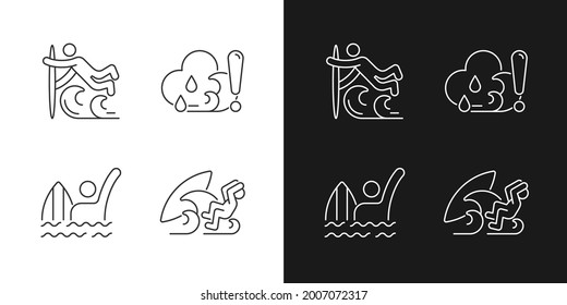 Water sports linear icons set for dark and light mode. Surfing technique. Checking weather. Customizable thin line symbols. Isolated vector outline illustrations. Editable stroke