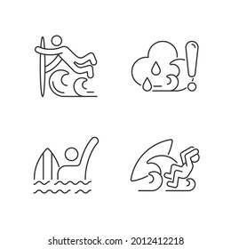 Water sports linear icons set. Surfing technique. Checking weather. Emergency signal. Customizable thin line contour symbols. Isolated vector outline illustrations. Editable stroke