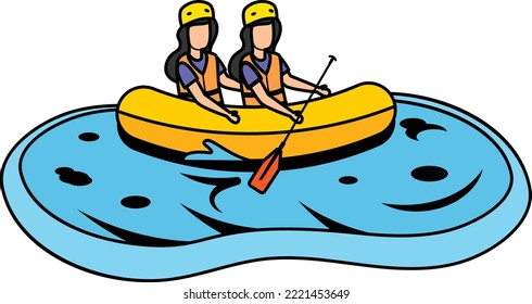 Water Sports in Middle of the Lake vector color icon design, Outdoor weekend Activity symbol, Tourist Holidays Scene Sign, Happy people at Vacation Friends Sitting in Boat and Holding Paddles Concept