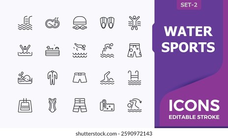 Water sports modern icon. Contain linear outline icons holiday, life, athletic, sea, suit, health, dive, pool. Minimalistic icons. Thin linear style icons.