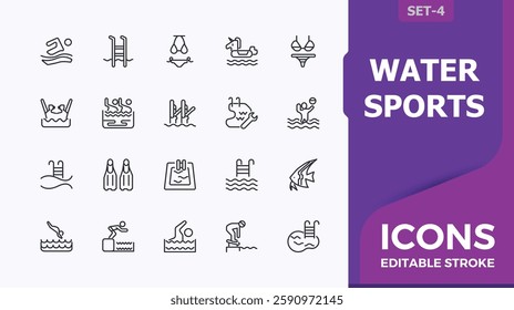 Water sports modern icon. Contain linear outline icons holiday, life, athletic, sea, suit, health, dive, pool. Minimalistic icons. Thin linear style icons.