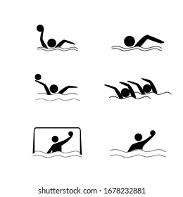 Water sports. Water polo set icon. Silhouette emblem of water polo. Logo professional sports in water. Monochrome template for poster, logo, ets. Design element. Vector illustration.