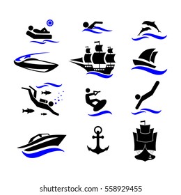 Water sports and recreation. The icons set. Vector illustration isolated on white background.