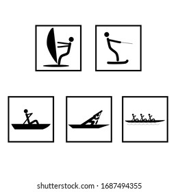Water sports set icons. Logos sports and recreation in water. Monochrome template for poster, logo, ets. Design element. Vector illustration.