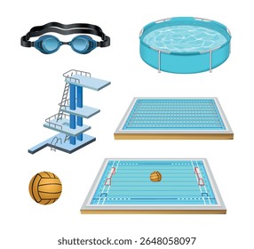 Esportes aquáticos. Conjunto de itens e equipamentos em um fundo branco. Ilustração vetorial