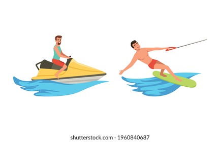 Water Sports Set, Man Water Skiing, Riding Wakeboard and Jet Ski Cartoon Vector Illustration