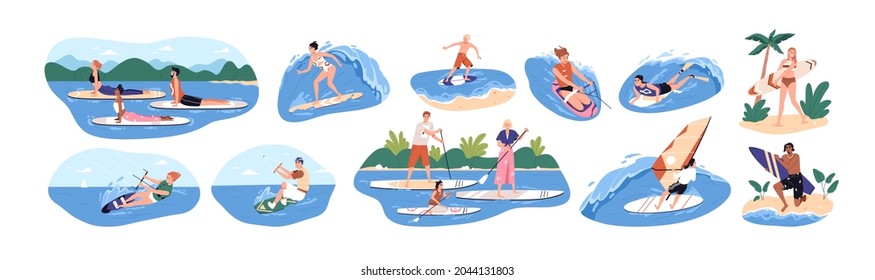 Water sports set. People riding, floating and surfing on boards on waves in summer. Surfers and others during windsurfing, kiteboarding. Flat graphic vector illustrations isolated on white background