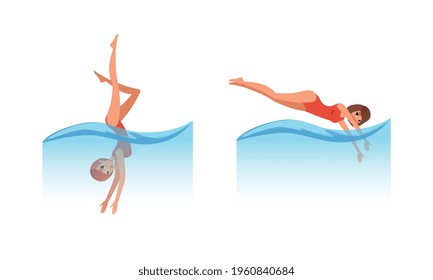 Water Sports Set, Woman in Red Swimsuit Jumping into the Water and Swimming Cartoon Vector Illustration