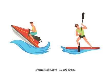 Water Sports Set, Young Men Riding Water Bike and Paddleboarding Cartoon Vector Illustration