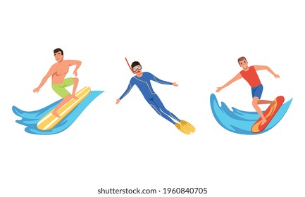 Water Sports Set, Young Men Riding with Surfboard, Diving with Scuba Diving Mask Cartoon Vector Illustration