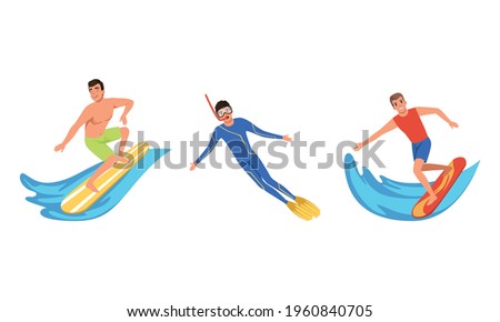 Water Sports Set, Young Men Riding with Surfboard, Diving with Scuba Diving Mask Cartoon Vector Illustration