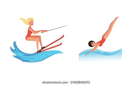 Water Sports Set, Young Women Riding Waterski, Diving into the Water Cartoon Vector Illustration