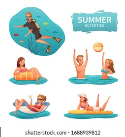 Water sports and summer activities icons set with people diving playing with ball and relaxing cartoon isolated vector illustration