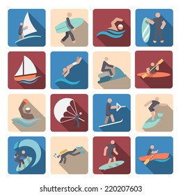 Water sports summer extreme activity colored pictogram icons set isolated vector illustration