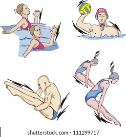 Water sports: Synchronized swimming, Water Polo and Diving. Set of color vector illustrations.