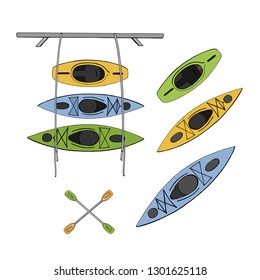 Water sports and travel. Set of hand drawn vector kayak, diving and rafting equipment. Colored isolated objects: boat, paddle, storage system on a white background, eps10. Cartoon style.