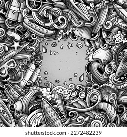 Water Sports vector doodles frame. Summer activities border design. Warm season outdoor elements and objects cartoon background. Monochrome funny picture