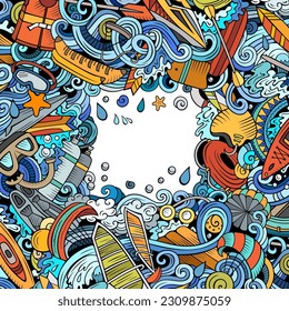 Water Sports vector doodles frame. Summer activities border design. Warm season outdoor elements and objects cartoon background. Bright colors funny picture