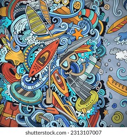 Water Sports vector doodles frame. Summer activities border design. Warm season outdoor elements and objects cartoon background. Bright colors funny picture