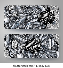 Water sports vector hand drawn doodle banners design. Monochrome cartoon background. Summer activities 2 flyers templates set.