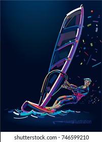 Water sports. Windsurfing. Poster in a paint stroke style