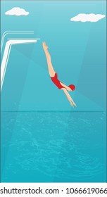 Water Sports. Woman Jumping From A Springboard Into The Water - Abstract Grunge Background - Vector Art.