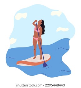 Water sports. Young woman standing on sup board isolated. Surfers and others during windsurfing, kiteboarding. Flat graphic vector illustrations 