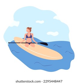 Water sports. Young woman standing on sup board isolated. Surfers and others during windsurfing, kiteboarding. Flat graphic vector illustrations 