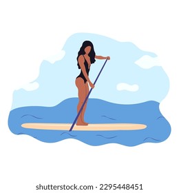 Water sports. Young woman standing on sup board isolated. Surfers and others during windsurfing, kiteboarding. Flat graphic vector illustrations 