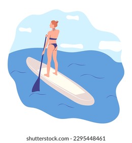 Water sports. Young woman standing on sup board isolated. Surfers and others during windsurfing, kiteboarding. Flat graphic vector illustrations 