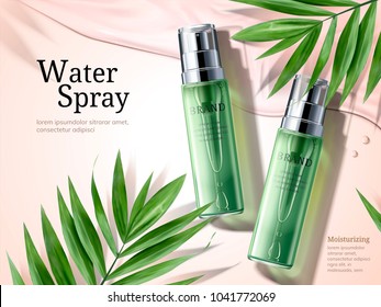 Water spray ads, green spray bottles with palm leaves elements in 3d illustration