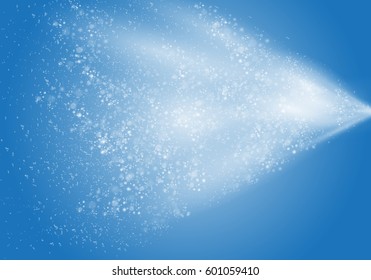Water spray from bottle isolated on blue backdrop.For web site,poster,placard and wallpaper.Fog spray elements.Jet spraying concept