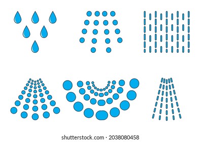 Water spray drops. Aqua blue liquid spraying from sprayer or shower. Vector illustration isolated on white background.