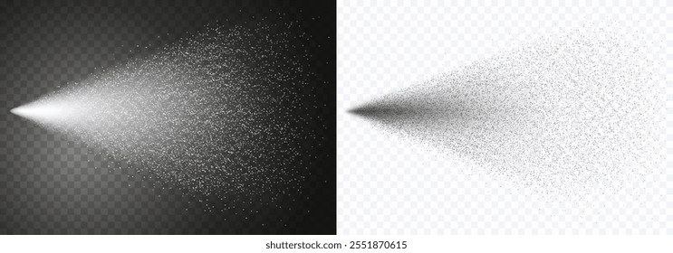 Water spray effect isolated on transparent background. Realistic white and black spray air freshener, shower or watering system. Vector fountain, mist, fog particles stream templates
