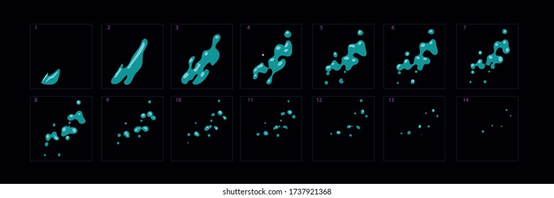  Wassersprühwirkung. Wasser sprite Blatt für Spiel, Cartoon oder Animation. Spritzblech eines Wasserfall-Vector
