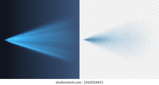 Water spray effects isolated on transparent background. Realistic light blue spray air freshener, shower or watering system. Vector fountain, mist, fog particles stream templates