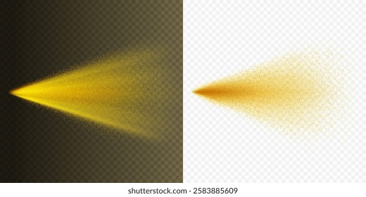 Water spray effects isolated on transparent background. Realistic light yellow air freshener, splash of paint or powder explosion. Vector sand, dust burst particles stream