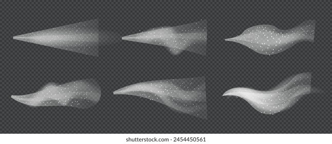 Water spray white smoke or fog dust and dots, mist of atomizer. Trigger Sprayer effect with spray or stream nozzles. Abstract dots clouds, blizzard. 3d elements vector illustration