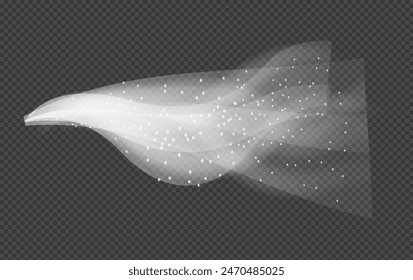 Water spray white smoke or fog dust and dots, mist of atomizer. Trigger Sprayer effect with spray or stream nozzles. Abstract dots clouds, blizzard. 3d elements vector illustration