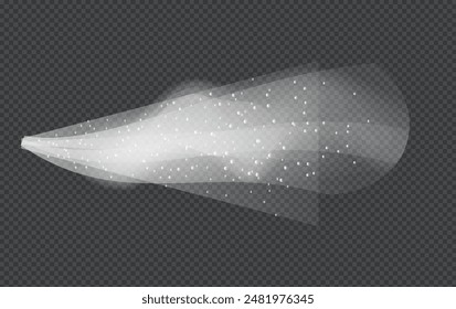 Water spray white smoke or fog dust and dots, mist of atomizer. Trigger Sprayer effect with spray or stream nozzles. Abstract dots clouds, blizzard. 3d elements vector illustration