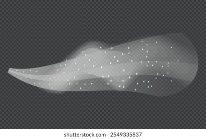 Água pulveriza fumaça branca ou poeira de nevoeiro e pontos, névoa do atomizador. Efeito de pulverização de gatilho com pulverização ou bocais de fluxo. Nuvens de pontos abstratos, nevasca. ilustração vetorial de elementos 3d