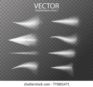 Water spray white smoke or fog dust and dots, mist of atomizer. Trigger Sprayer effect with spray or stream nozzles ,cosmetic design. Abstract dots clouds, blizzard . 3d elements  vector illustration.